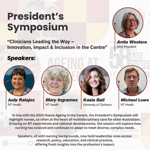 Symposium image for "President's Symposium - Clinicians Leading the Way - Innovation, Impact and Inclusion at the Centre" featuring speakers Anita Westera, Judy Ratajec, Mary Ingrames, Kasia Bell and Michael Lowe.