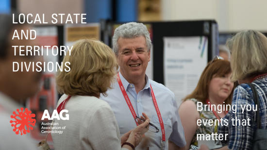 Promotional image of AAG members engaging at an event with the AAG LOGO and tagline: Local, State and Territory Divisions: Bringing you events that matter