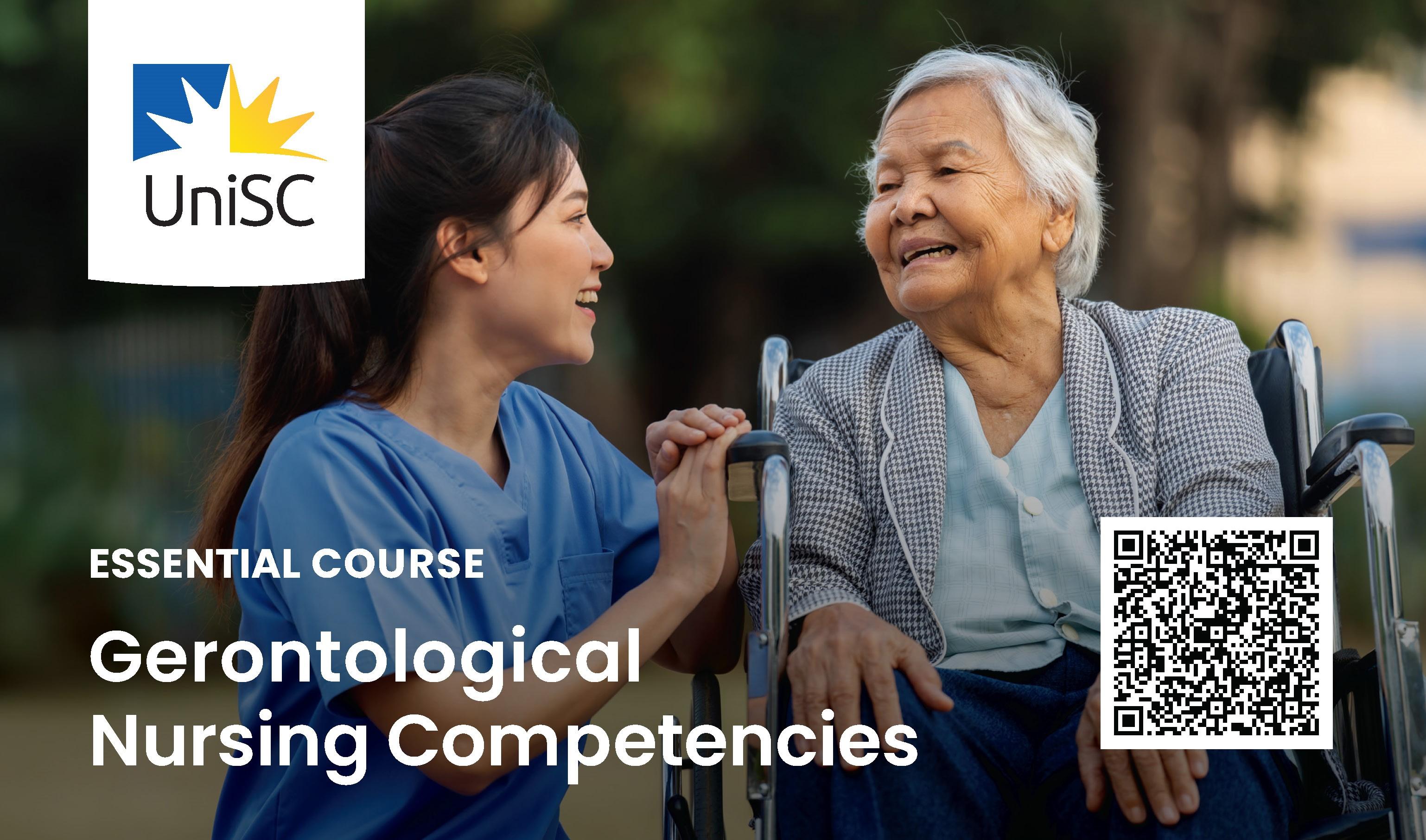 University of the Sunshine Coast Gerontological Nursing Competencies banner with UniSC logo, barcode to register, and image of a nurse conversing with an older woman in a wheelchair