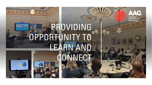 A collage of images from the 2025 AAG VIC Division mini-conference in Ballarat with AAG’s logo and the words: Providing opportunity to learn and connect.