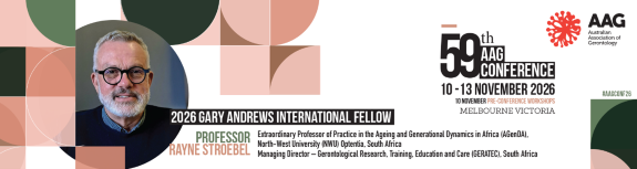 Banner of 59th AAG Conference, 10-13 November 2026 in Melbourne, featuring an image of Gary Andrews International Fellow Professor Rayne Stroebel