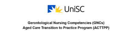 Image with the words Gerontological Nursing Competencies Aged Care Transition Practice Program with University of Sunshine Coast logo